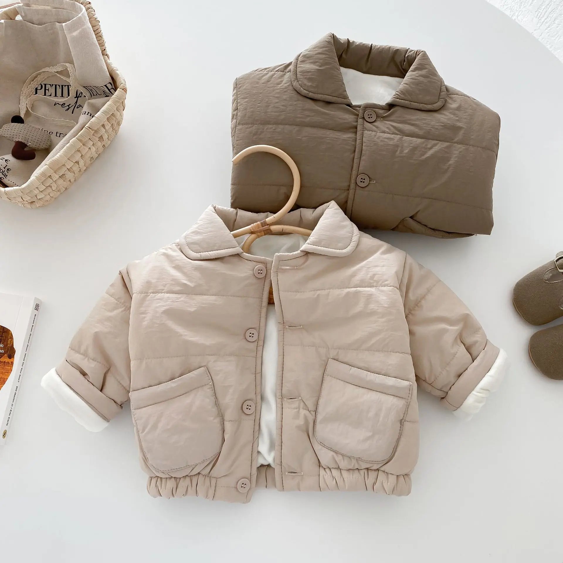 Baby Children's Winter Clothing Solid Colour Cotton Jacket Girls Simple Pocket Outwear Boys Fur Lining Warm Coat 0-5Y Unisex