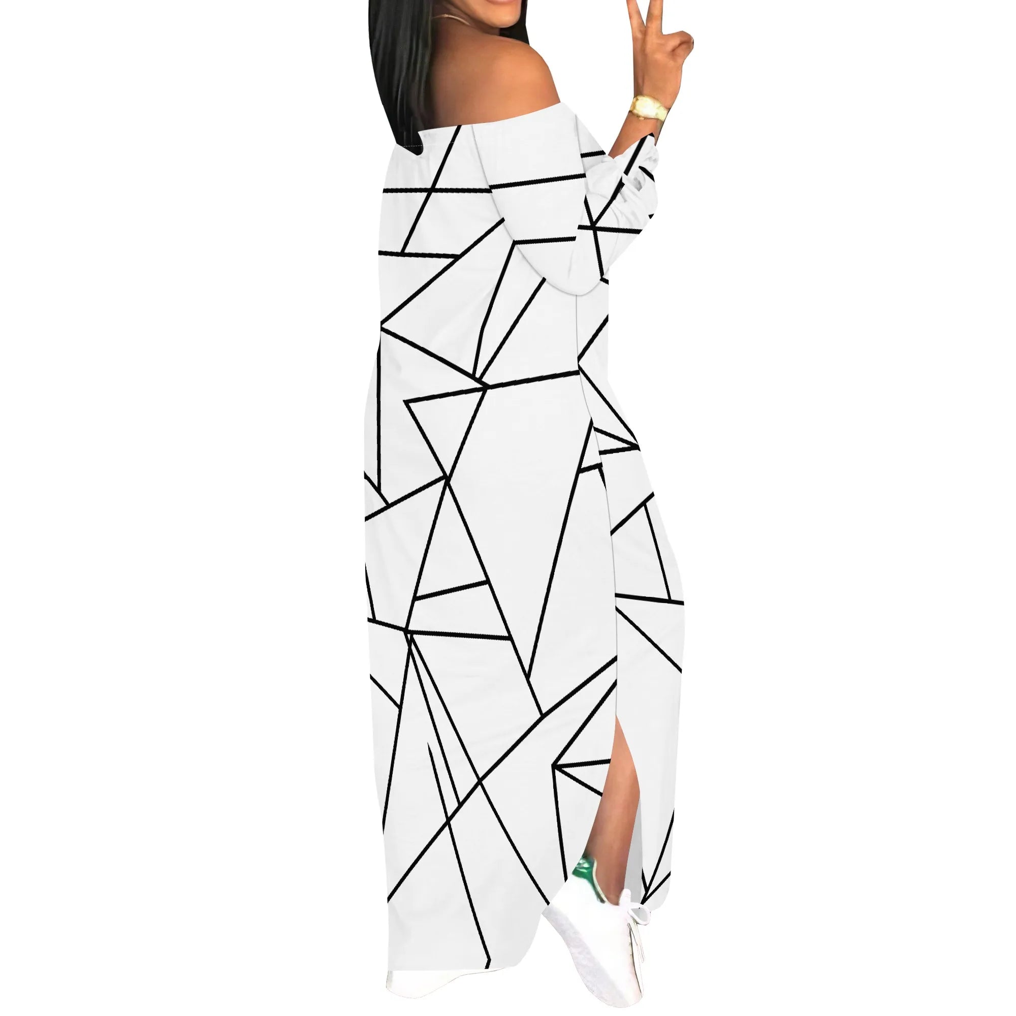 Off Shoulder Long Sleeve Maxi Dress for Women Geometric Line Print Chic Casual Slim Fit Dress