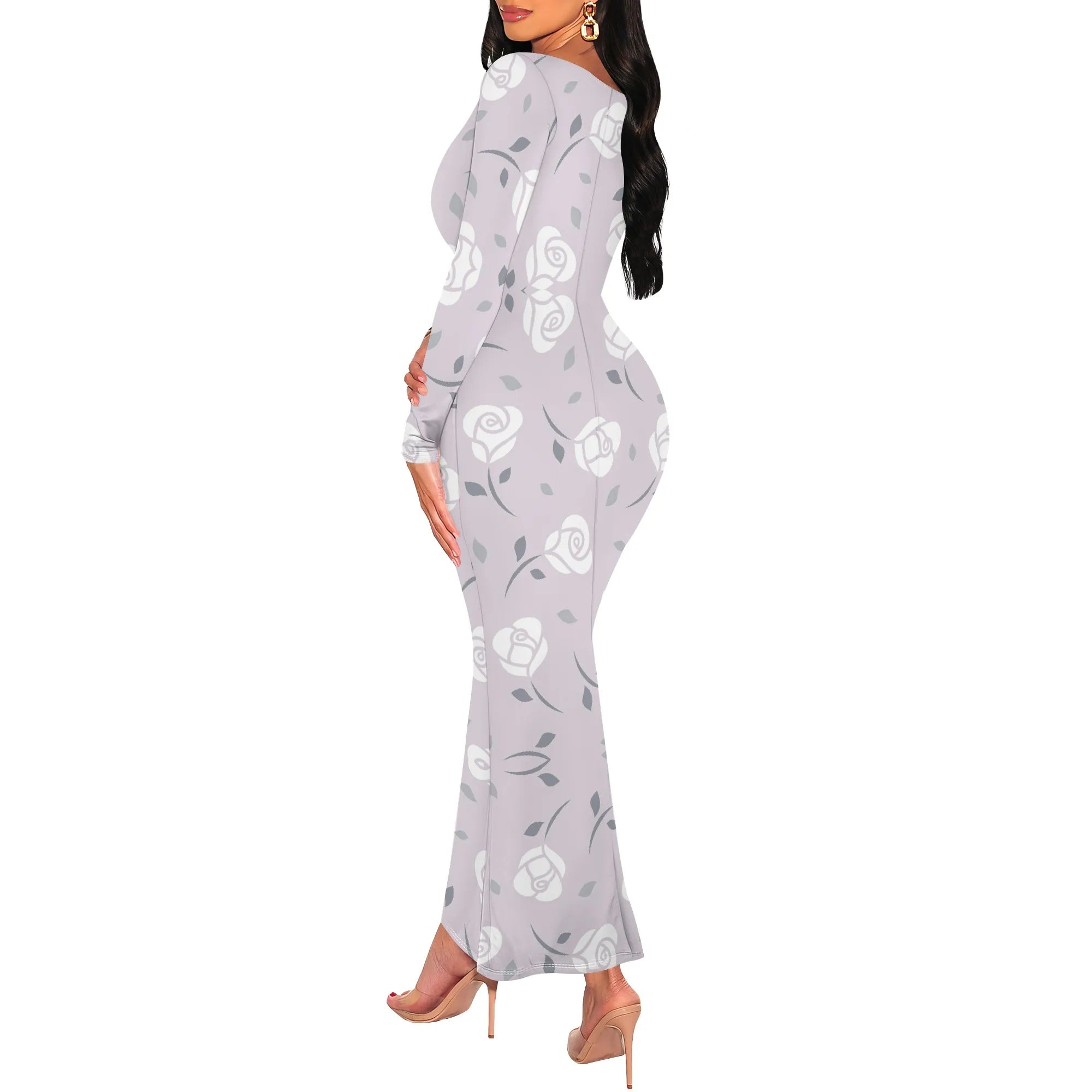 Bright Floral Print Bodycon Maxi Dress Colorful Long Sleeve Scoop Neck Spring Outfits