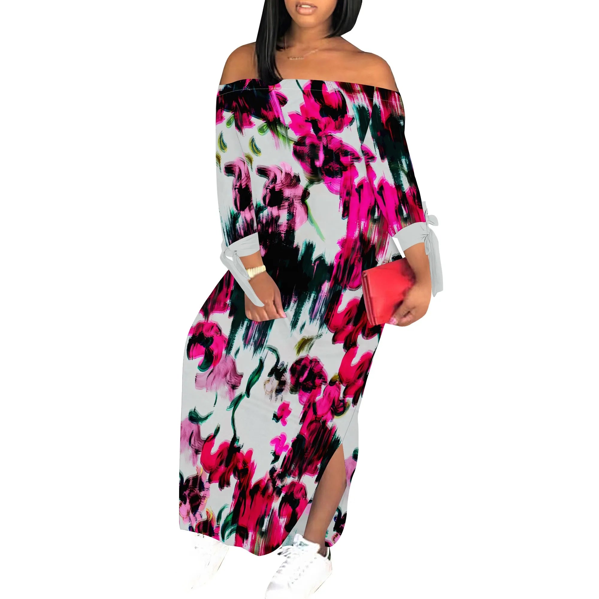 Women's Floral Off Shoulder Maxi Dress 3/4 Sleeve Multicolor Blue Slit Party Evening