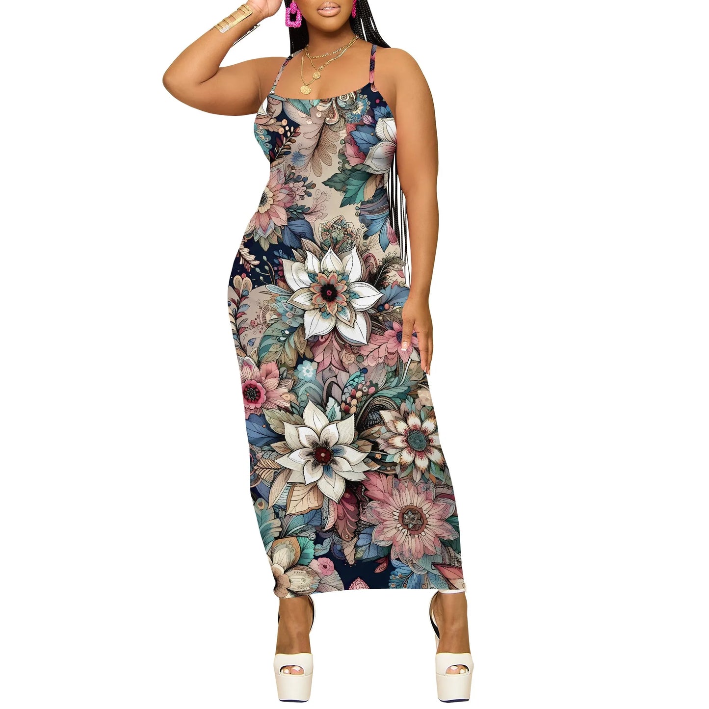 Elegant Spaghetti Strap Maxi Dress for Women Summer Black Floral Print Slim Fit Casual Beach Dress