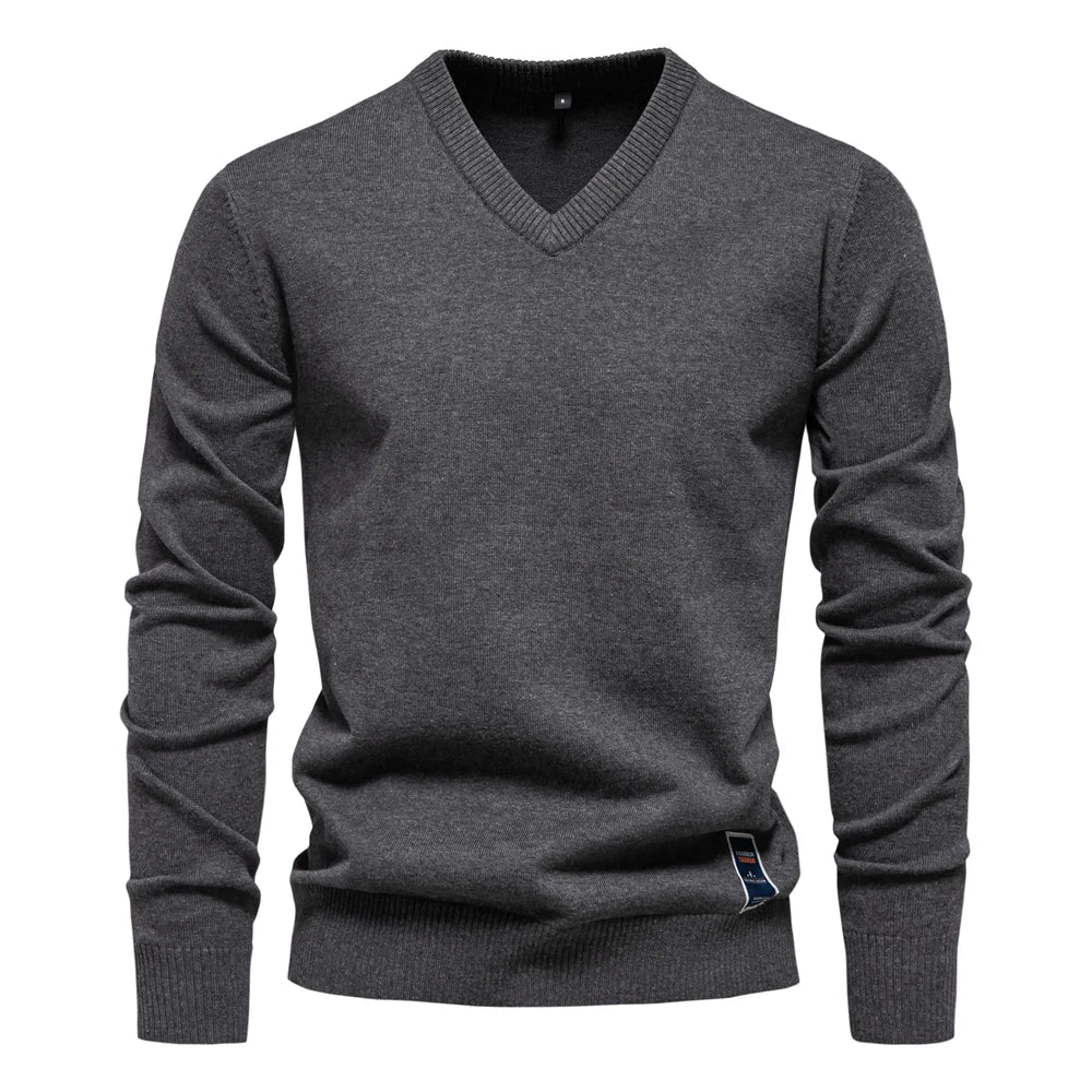 Men's V-neck Solid Cotton Pullover Sweaters Long Sleeve Casual Social Knitted Sweaters for Men