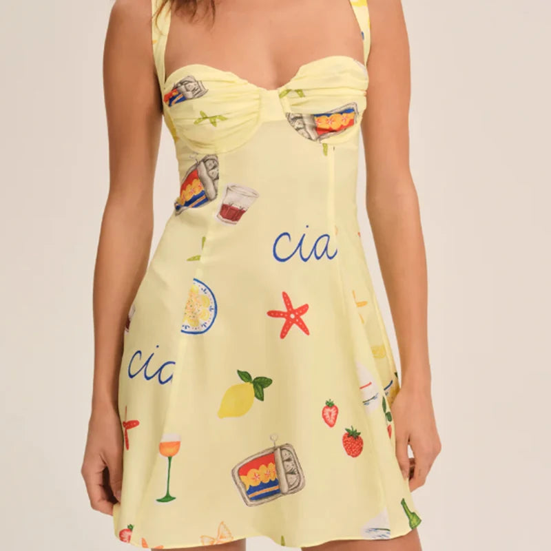 Cute Print Yellow Sexy Corset Style Sling Mini Dresses Women Summer A-line Holiday Dress Backless Robe