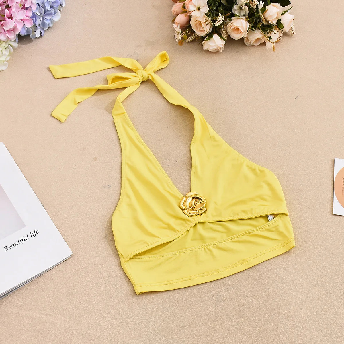 Sexy Fashion 2 Piece Set Women Metal Flower Decoration Halter Hollow Tops + Mesh Patchwork Long Skirts Elegant Outfits