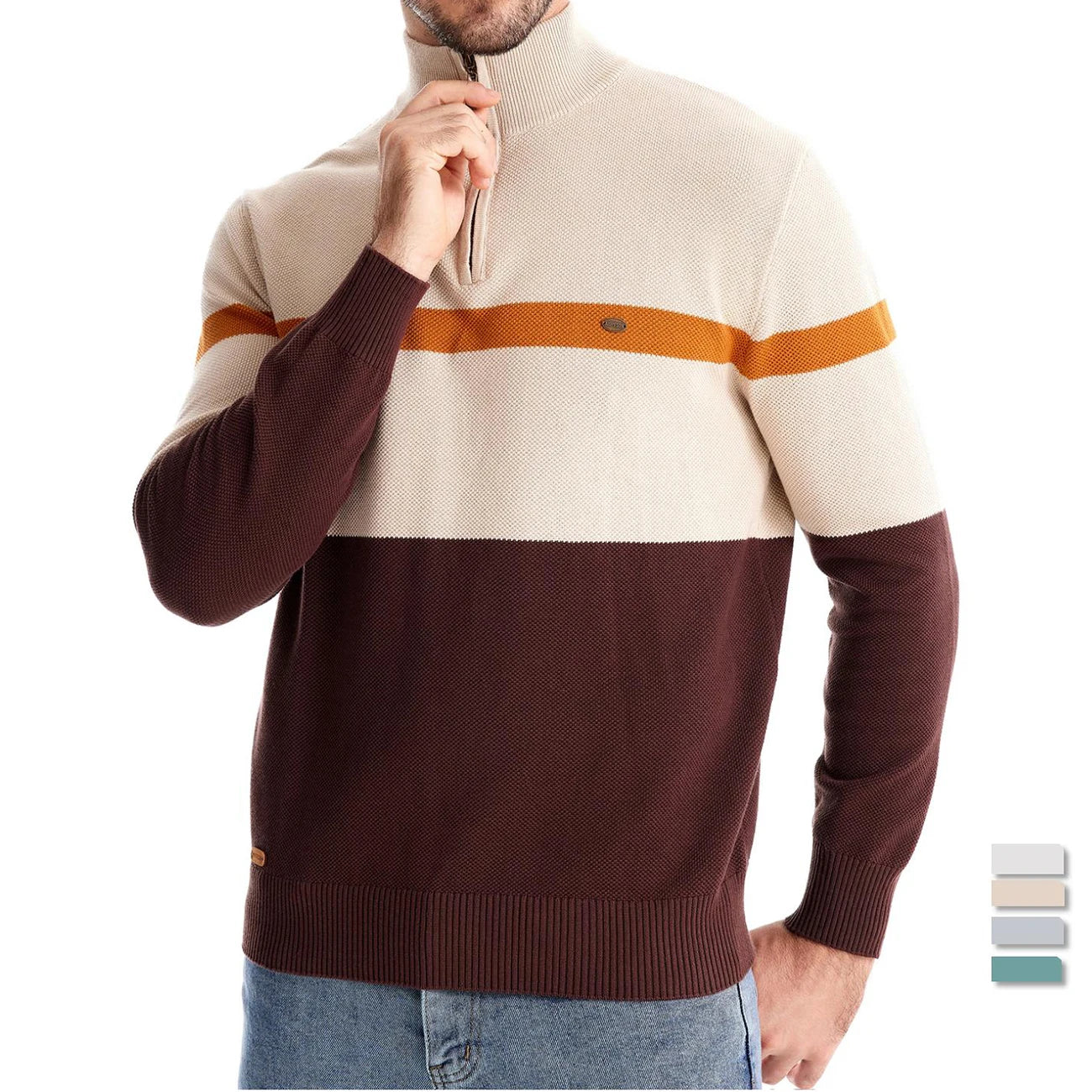 Men's High Quality Cotton Sweater Zipper Mock Neck Pullovers Male Autumn Winter Striped Warm Polo Sweater For Men