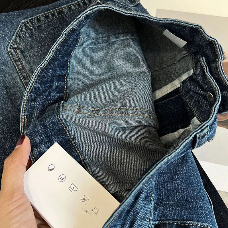 New Women's High Waist Washed Jeans Korean Style Pockets Slim Denim Flared Pants Ladies Vintage Stretch Classic Jean Trousers
