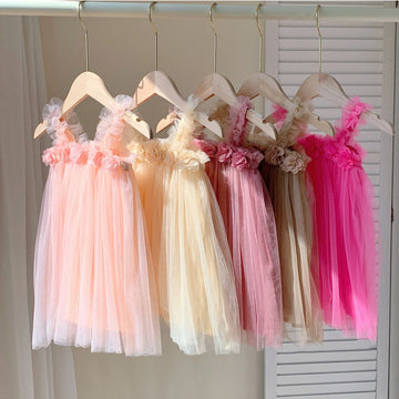Summer Kids Sweet Mesh Dress Girls 6 Colours Suspended Floral Beach Skirt Children Tutu Princess Dress 1-6Y Girls