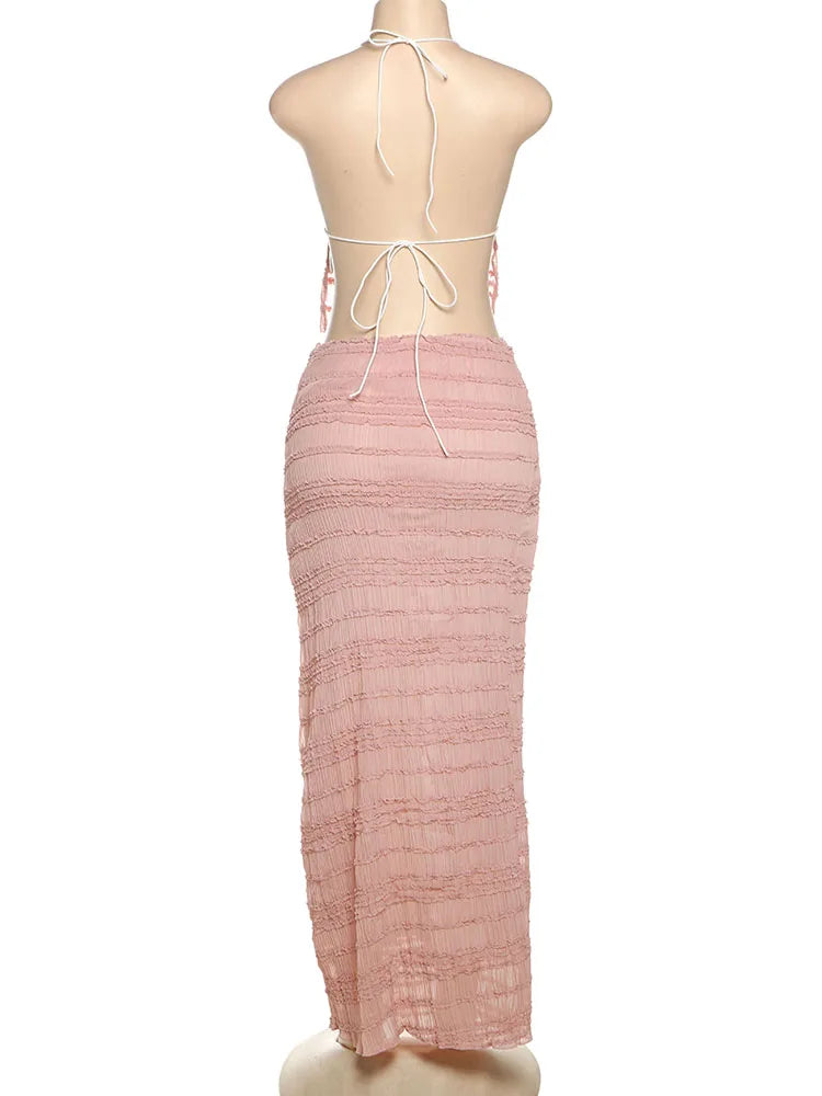 Sexy See-Through 2 Piece Set Women Lace-Up Halter Backless Crop Tops + Ruched Elegant Skirts Vacation Beach Party Suits
