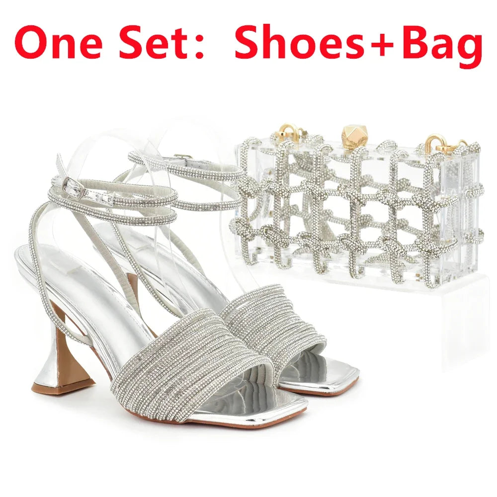 African Shoe and Matching Bag  Set Decorated with Rhinestone High Heels for Women