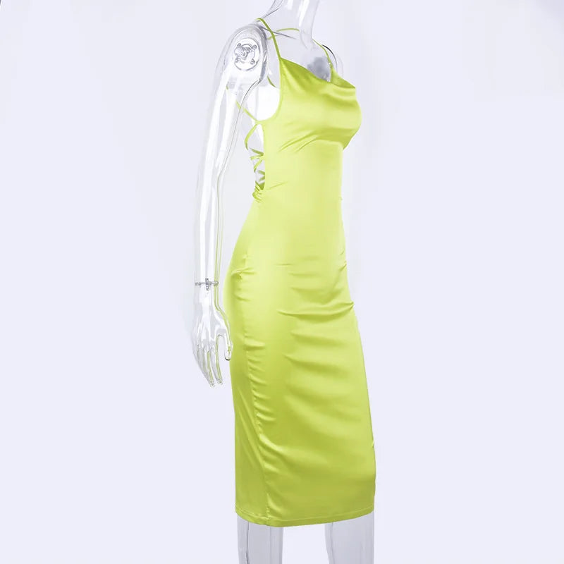 Neon Satin Lace Up Women's Long Midi Dress Light Pink Bodycon Backless Elegant Party Sexy Club Clothes Summer Dinner Outfit