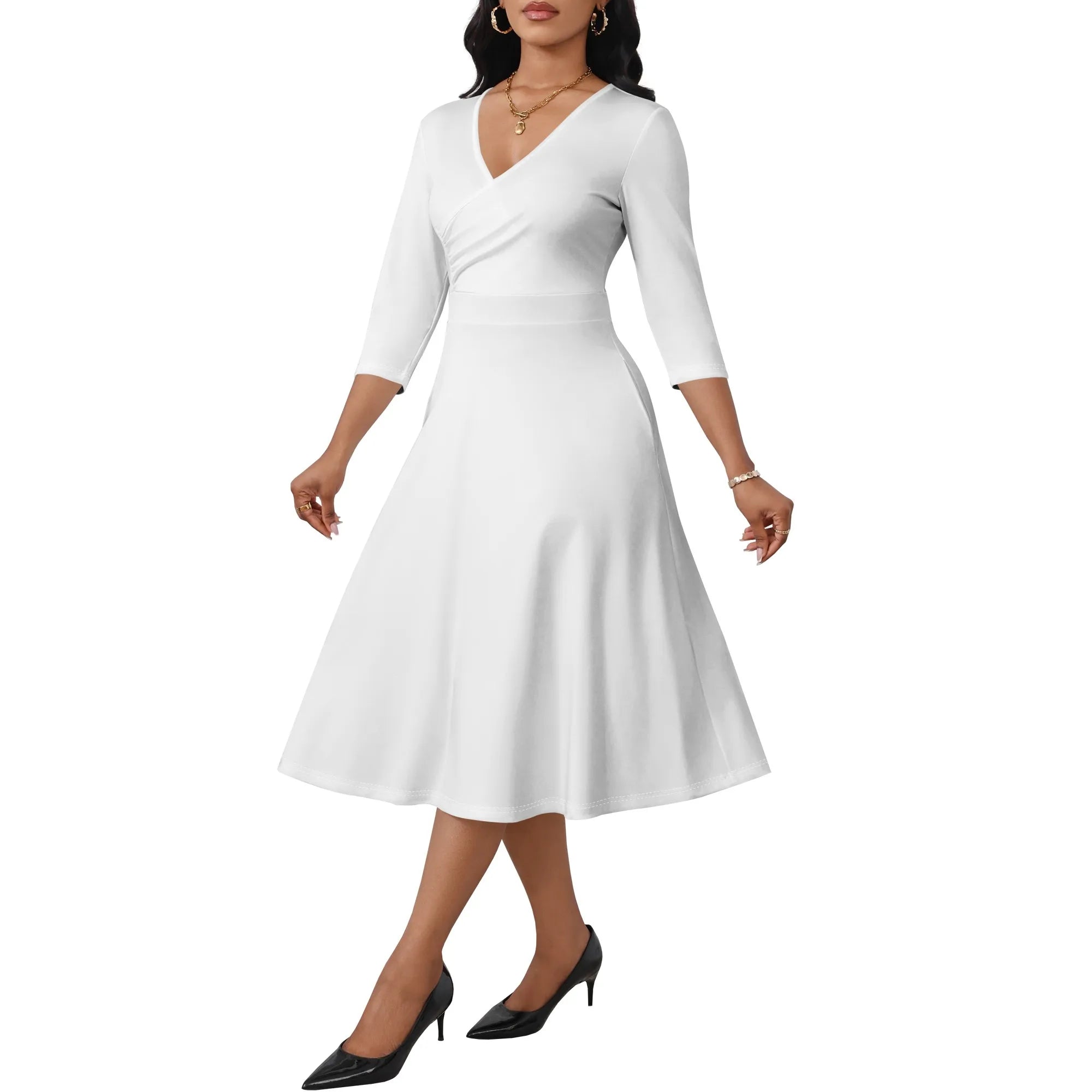 Ladies' casual flared midi dress, wedding guest cocktail tea party dress, A-line swing V-neck, three-quarter sleeves.
