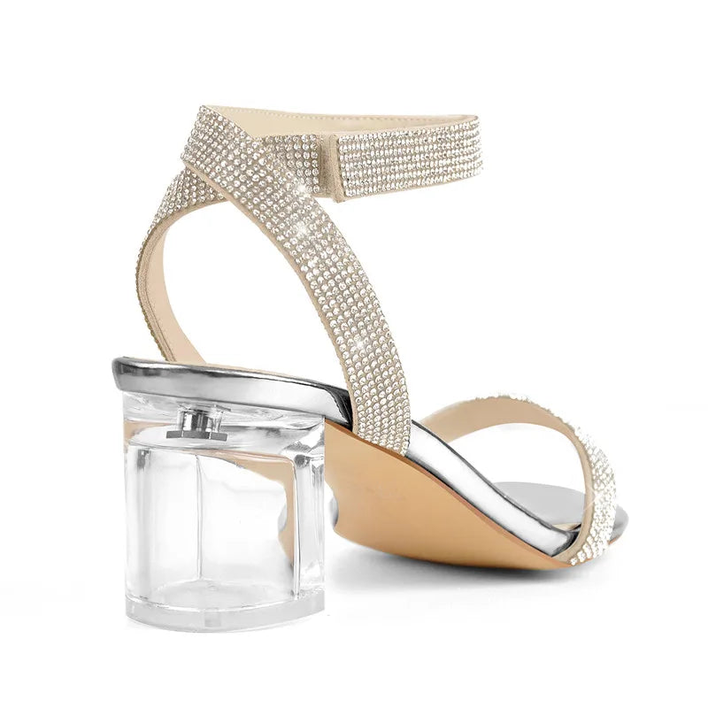 Women Peep Toe Rhinestone Strap Clear Block Chunky Sandals Transparent Perspex Chunky Heels Summer Sandals