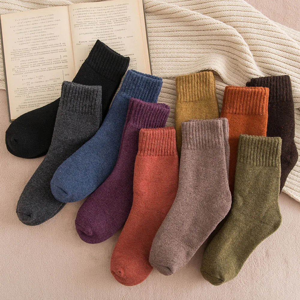 5 Pairs Winter Women's Thick Warm Solid Colour Wool Harajuku Retro Cold Resistant Fashion Casual Cashmere Socks