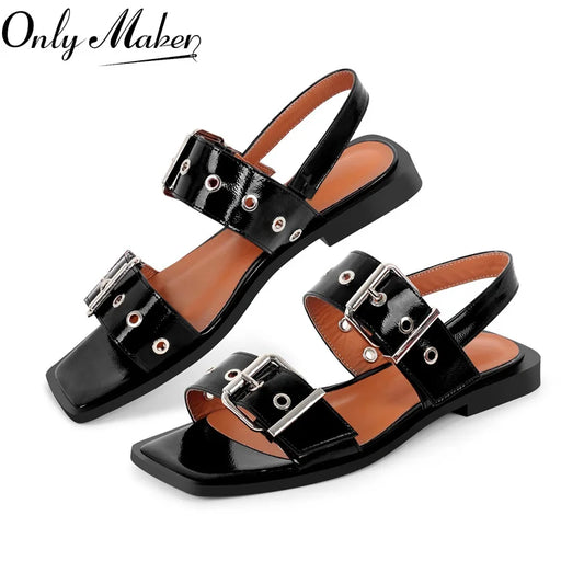 Women Square Toe Buckle Strap Flats Sandals Lady Big  Size Summer Punk Retro Mary Jane Slingbacks Sandals