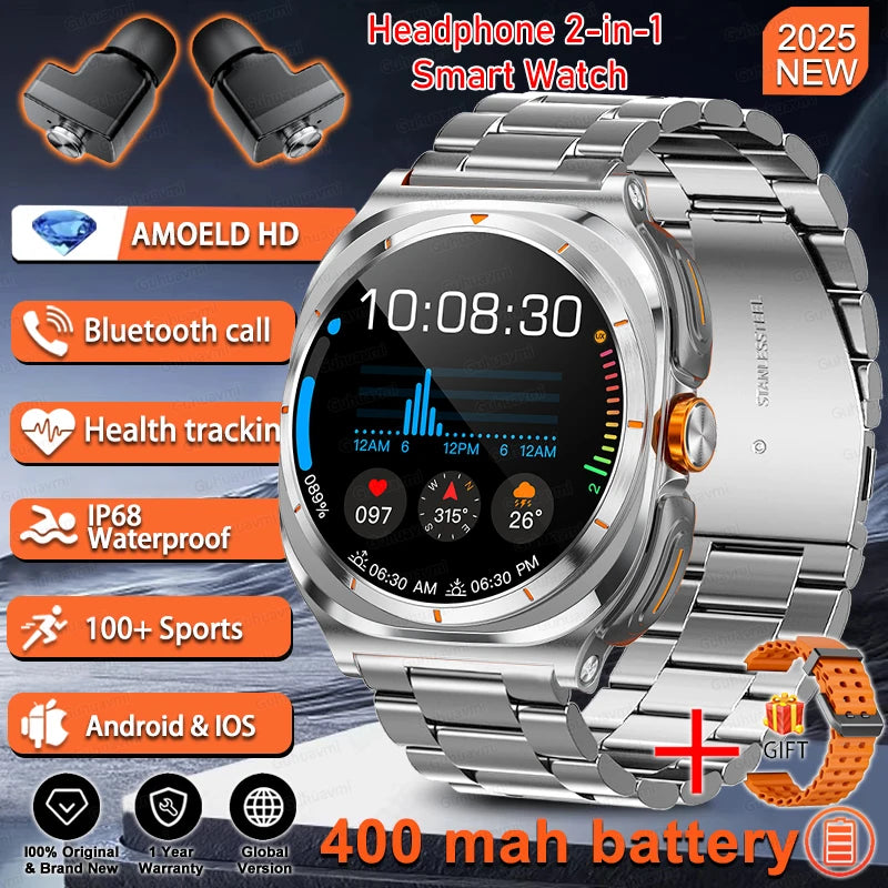 2025 Outdoor Sports Smart Watch AMOLED Screen Heart Rate Waterproof Call TWS Headset Smartwatch For Men - Compatible with HUAWEI & Samsung Galaxy IOS