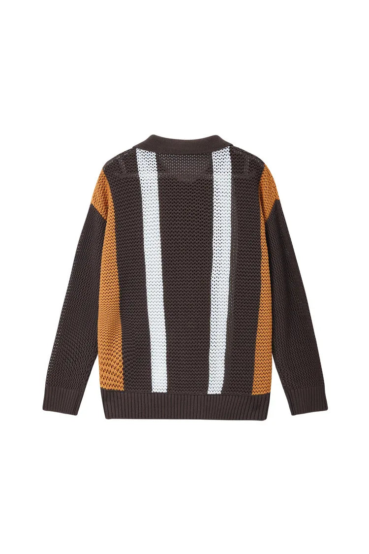 Men's Autumn/Winter Colour-Block Striped Polo Collar Knitted  High Quality Hollow Out Cardigan With 60% Cotton