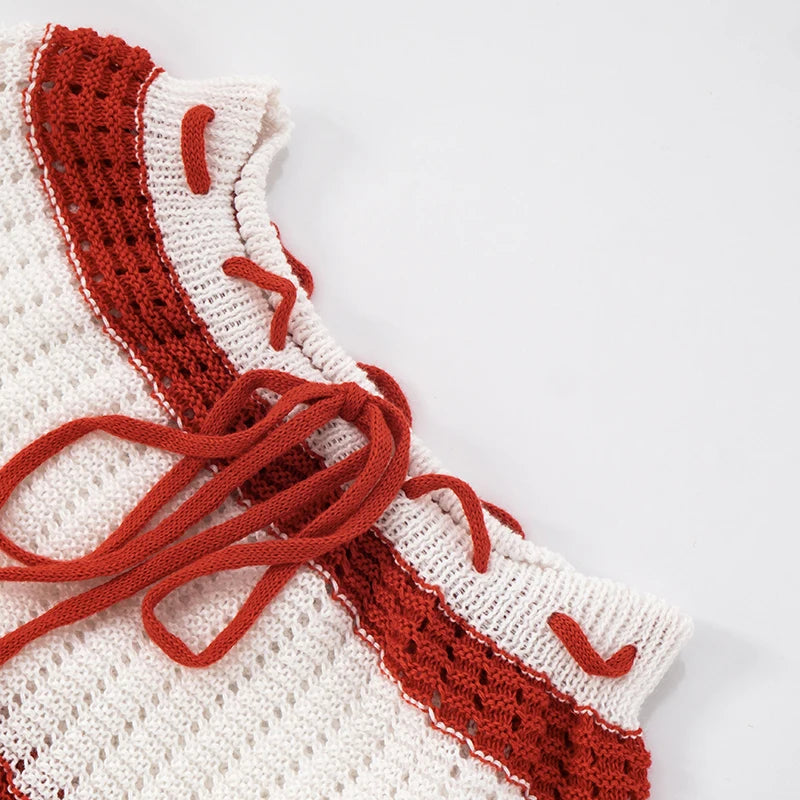 Crochet 2 Piece Set Women Hollow Beach Vacation Shirring Strapless Tops + Contrast Shorts Matching Tight Stretch Suits