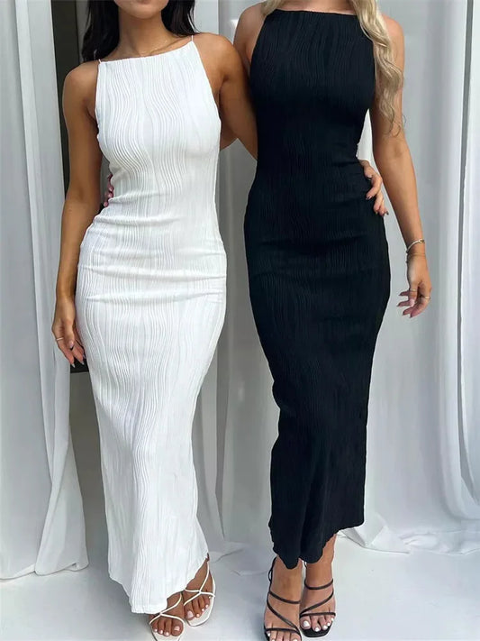 Sexy Women's Long Dress Ruched Sleeveless Slim Solid Summer Party Back Split Dress Clubwear Female Vestido Outfits