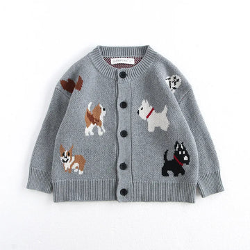 Spring Children's Sweater Jacket Jacquard Cute Dog Boys Single Breasted Buckle Cardigan Top Girls Knitted Sweater 1-8Y Unisex