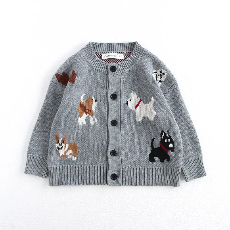 Spring Children's Sweater Jacket Jacquard Cute Dog Boys Single Breasted Buckle Cardigan Top Girls Knitted Sweater 1-8Y Unisex