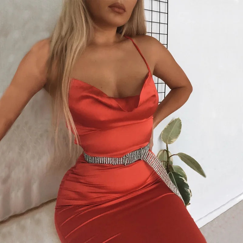 Neon Satin Lace Up Women's Long Midi Dress Light Pink Bodycon Backless Elegant Party Sexy Club Clothes Summer Dinner Outfit