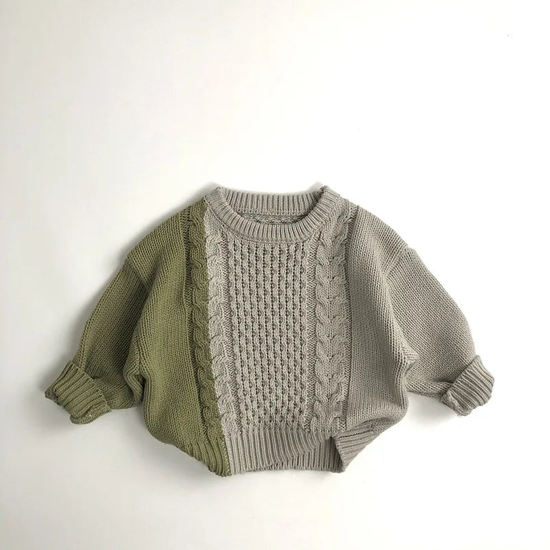 New Autumn Kid's Sweater Boys Trendy Patchwork Sweater Girls Knitted Pullover Children's Loose Knitwear 1-6Y Unisex