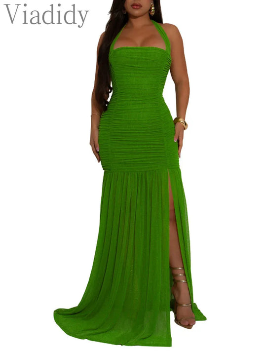 Women's Sexy Summer See Through Sheer Mesh Slit Solid Color Halter Dress Ruched Mermaid Pleated Mermaid Party Dress