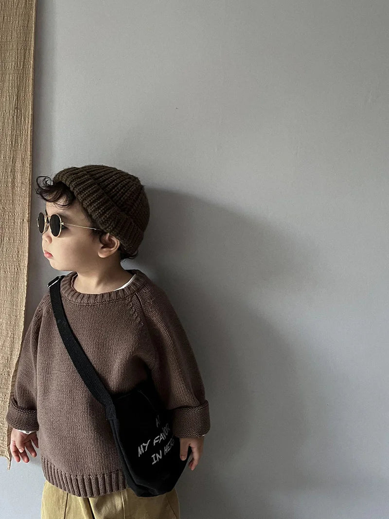 Pure Cotton Solid Kids Sweaters Vintage Boys Pullover Knitwear Toddler Girls Sweater Shirt Outwear For Children 1-6Y Unisex