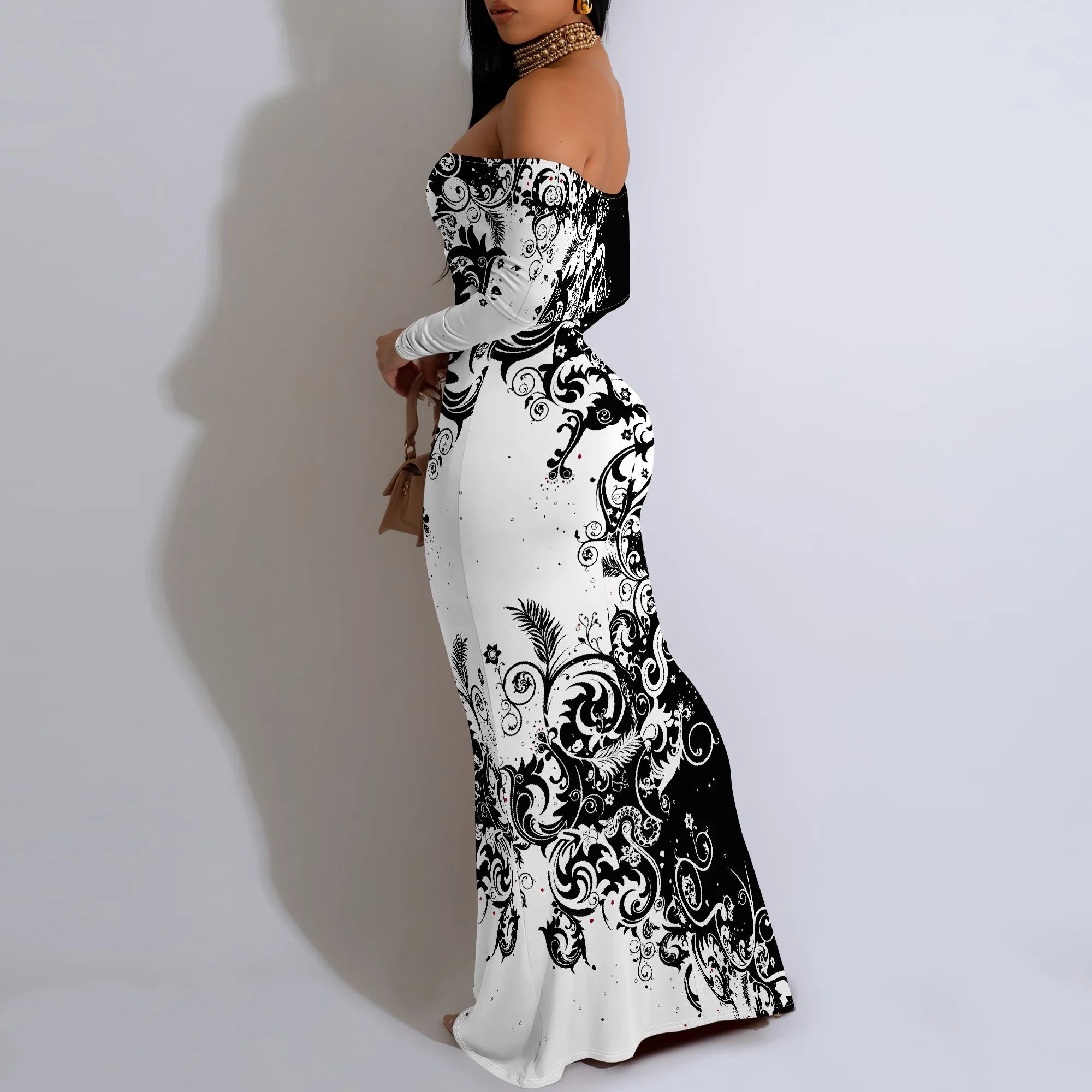 Plus Size Black White Floral Off-Shoulder Long Sleeve Maxi Dress - Women's Dramatic Elegant Party Evening Resortwear