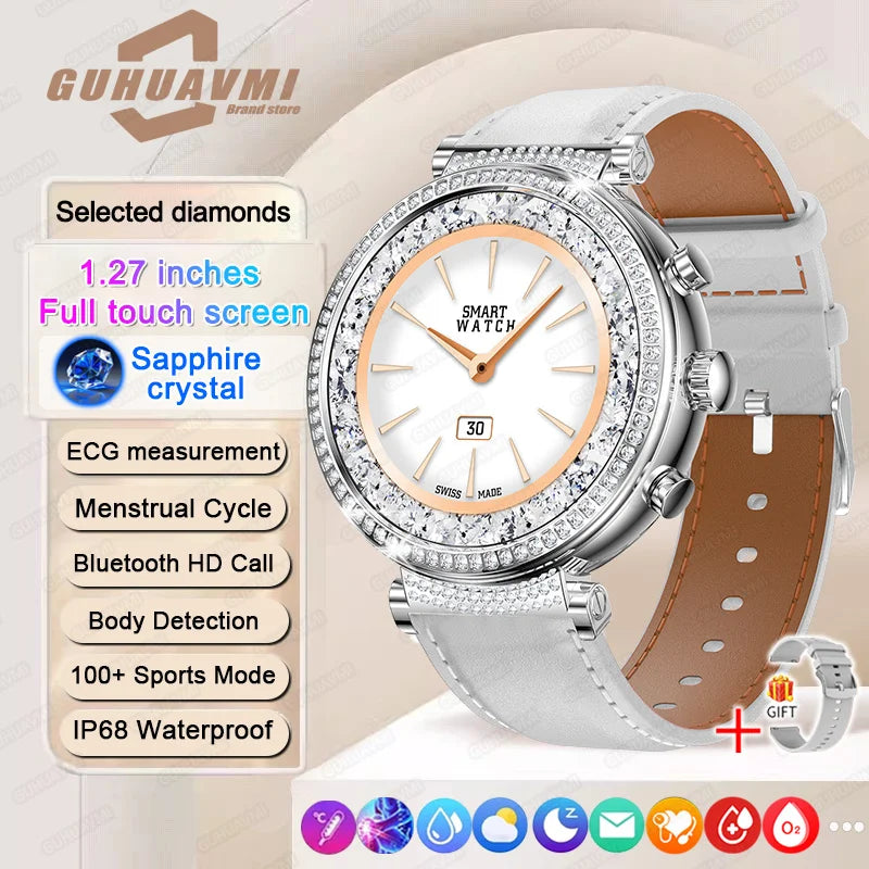 Women Diamond Smart Watch ECG Women Health tracking Watch Full Touch Screen BT Call Custom dial Smartwatch Compatible with Huawei & Xiaomi IOS