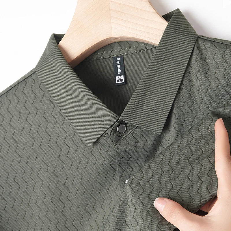 Men's Summer Lapel Shirt, Slim Fit Short-Sleeved, Fashion Dark Pattern Knitted Fabric Polo Shirt