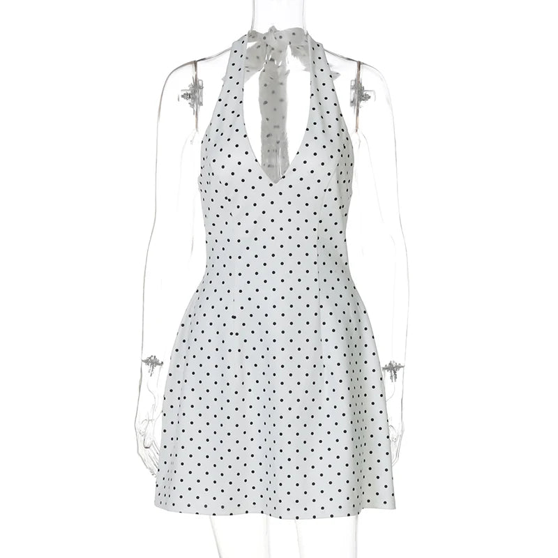 Polka Dot Printed Halter Dress Women's Sexy V neck Backless Mini Dress High Waist Bodycon Summer Fashion Vacation Dress