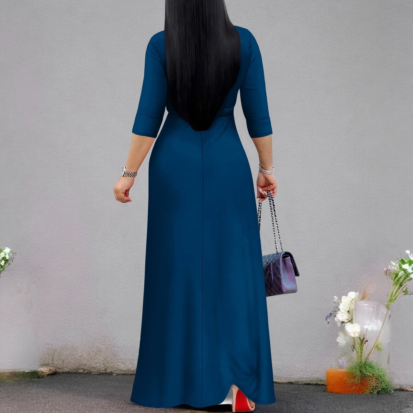 Solid Color Bohemian Summer Long Maxi Dress V-Neck 3/4 Sleeve