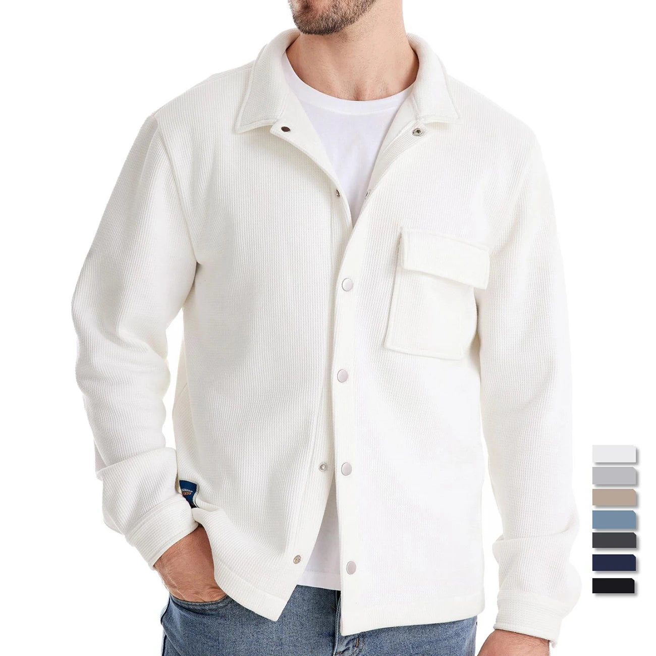 Herrenjacke mit Waffel-Fleece-Futter, dick, warm, mit Tasche, Knopfleiste, Stehkragen, Oberbekleidung, Winterjacken, Mäntel für Herren