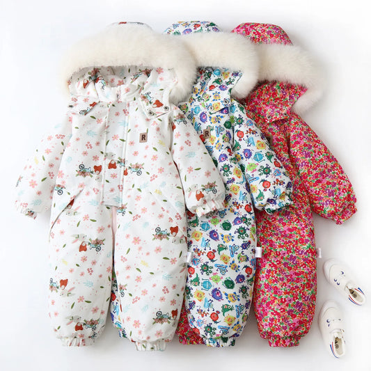 Unisex Children's Snowboard Winter Warm Clothing Snow Suit Floral Printed Fur Lining Hooded Snowboard Coats For Kids