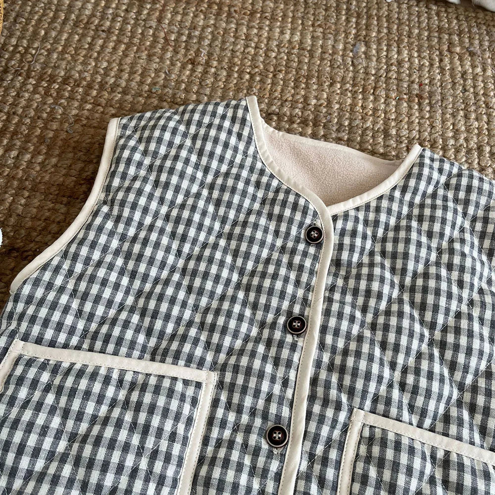 Children's Clothing Autumn Winter Girls Plaid Fur Lining Vest Kid's Warm Casual Waistcoat Jacket Boys Outwear 2-7Y Unisex