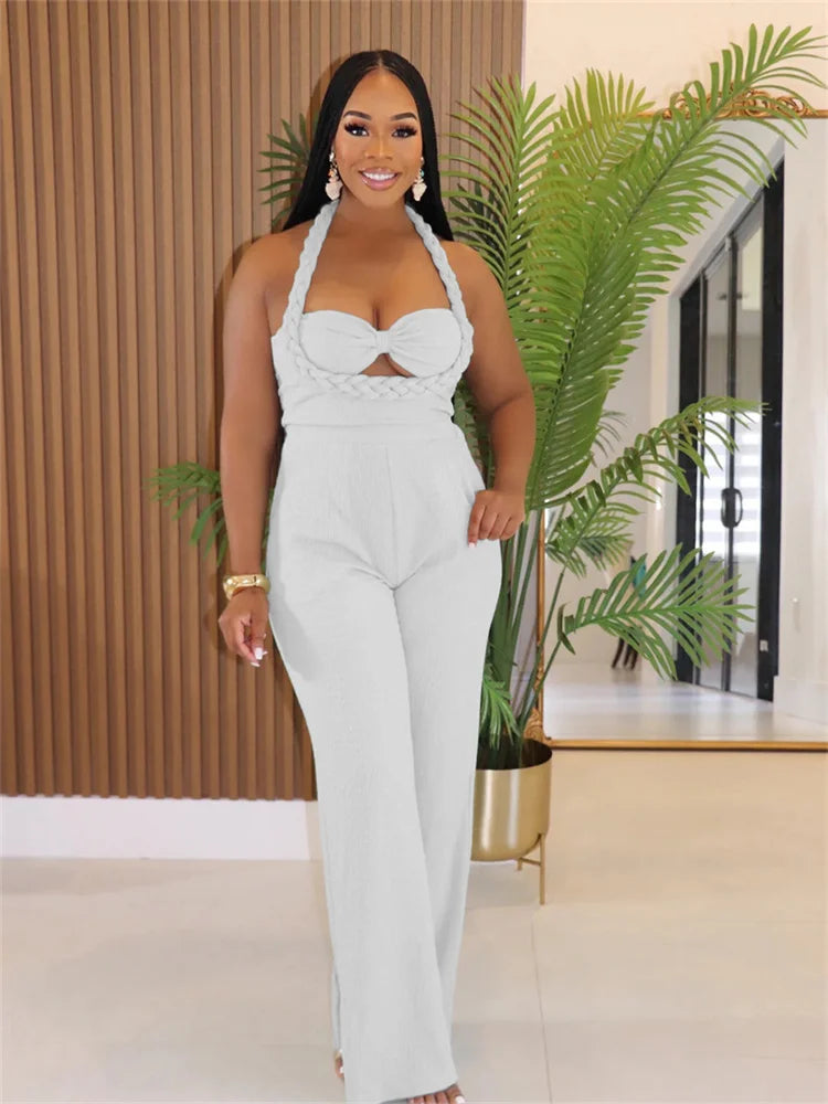 Women Fashion Straight Jumpsuit Summer Trend Twist Bandage Halter Ruched Hollow Backless Sleeveless Classic Outfits