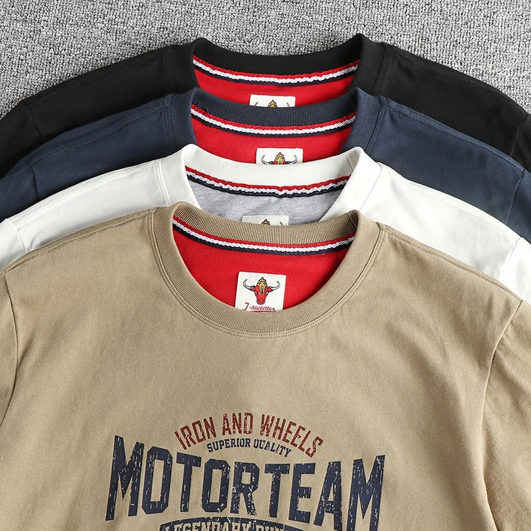 Summer American Retro Short Sleeve O-neck Letter Motorcycle Printed T-shirt Men's Fashion 100% Cotton Washed Casual Youth Tops