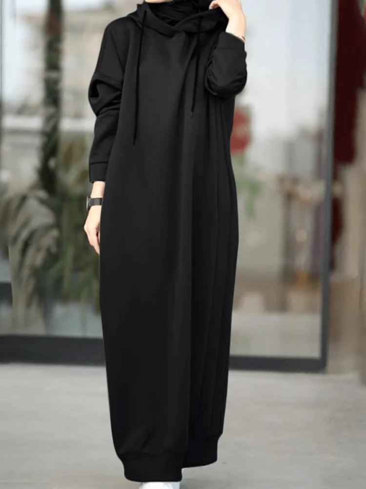 Women Winter Pullovers Stylish Hooded Dress Casual Long Sleeve Maxi Vestidos Female Drawstring Robe Femme