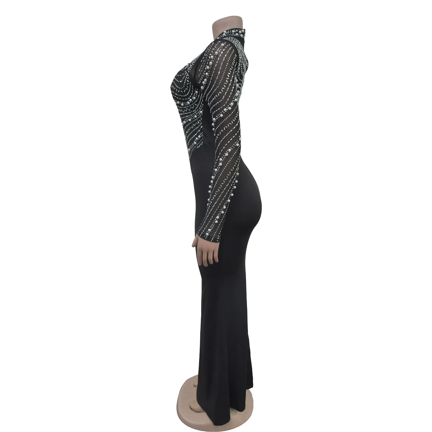 Sexy Mesh Patchwork Rhinestone Beads Floor Length Party Long Dress