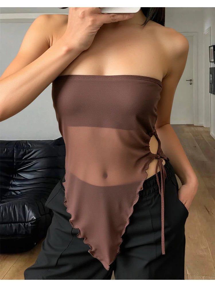 Women's Tanks Summer French Trendy Plain Cut Out Asymmetrical Hem Sleeveless Off Shoulder Tube Milkmaid Tanks
