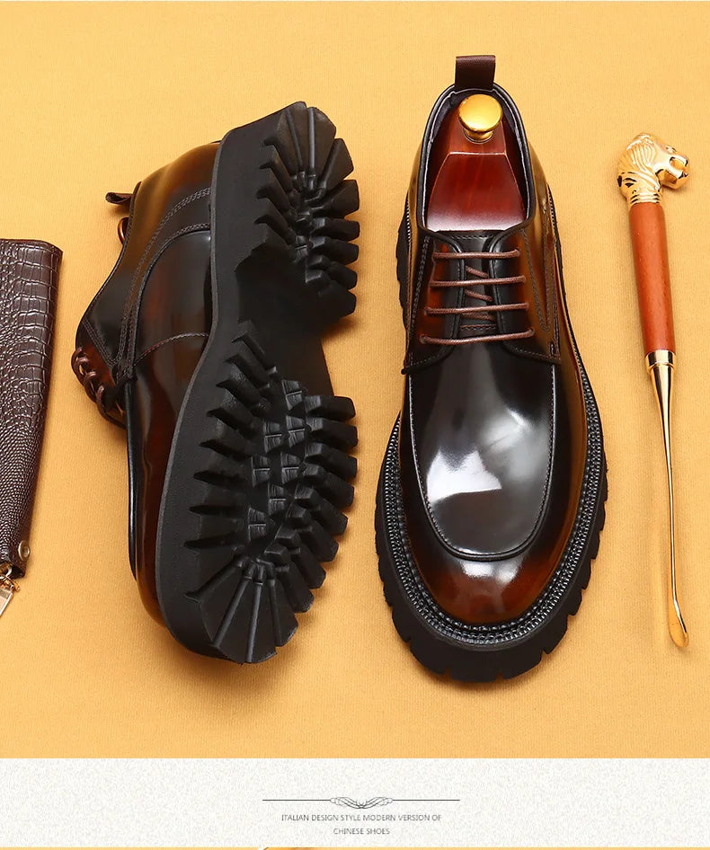 designer men's leather shoes with thick soles round toe glossy leather business dress shoes Waxed cowhide lace up British shoes