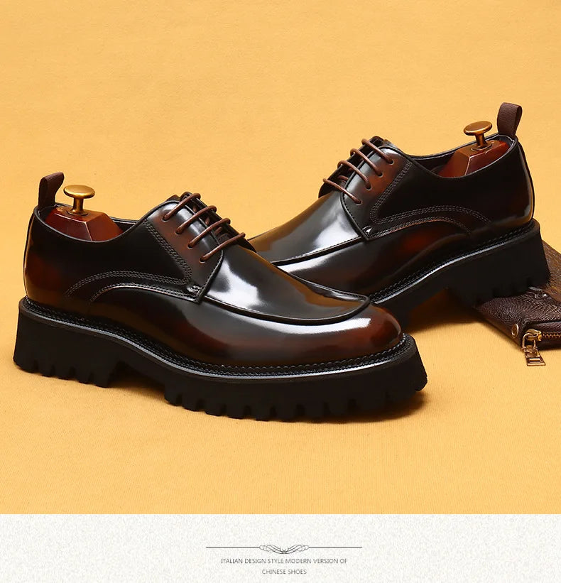 Designer Men's Leather Shoes With Thick Soles Round Toe Glossy Leather Business Dress and Waxed Cowhide Lace-Up British Shoes