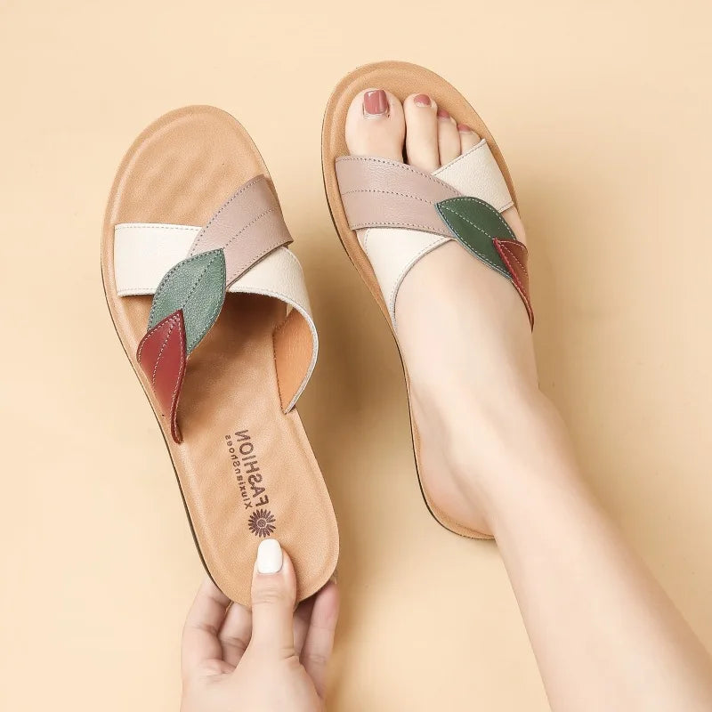 Women Female Ladies Mother Genuine Leather Shoes Sandals Platform Slipper Summer Cool Beach Soft Slip On Outside
