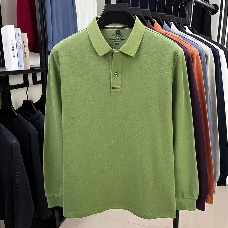 Men's Autumn 100% Breathable Cotton, Long-Sleeve Polo Shirt - Classic Cotton Collared T-Shirt With Business Casual Design
