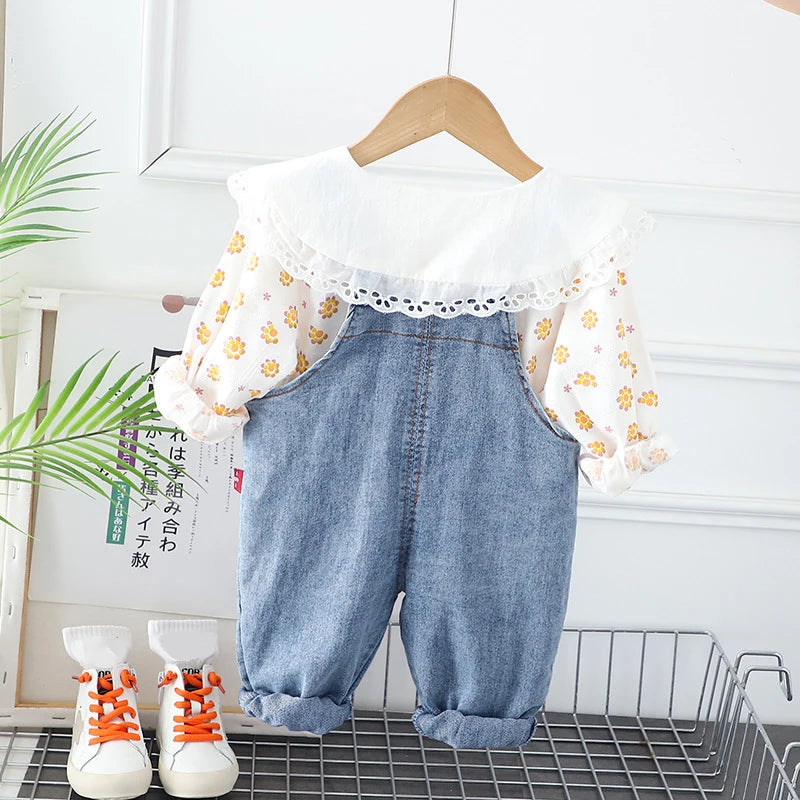 New Spring Kids Clothes Set Girls Cute Flower Blouse + Denim Overalls Children 2PCS Outwear 12-36m 4-6Y Girls