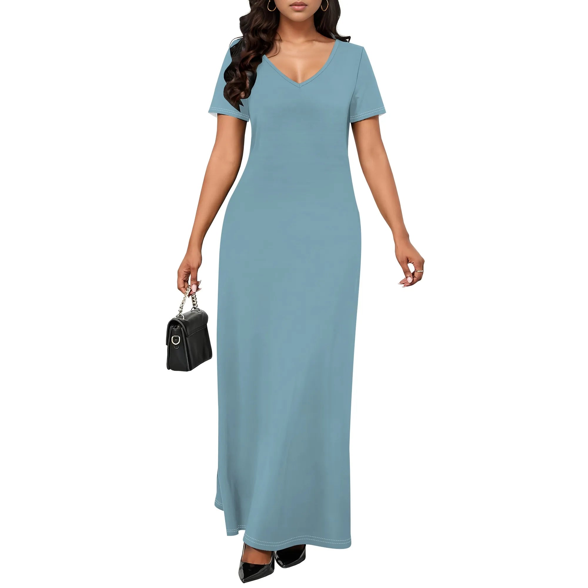 Women's Casual Short Sleeve Sexy V Neck Solid Color T Shirt Maxi Dress Summer Beach Swing Sundresses with Pockets