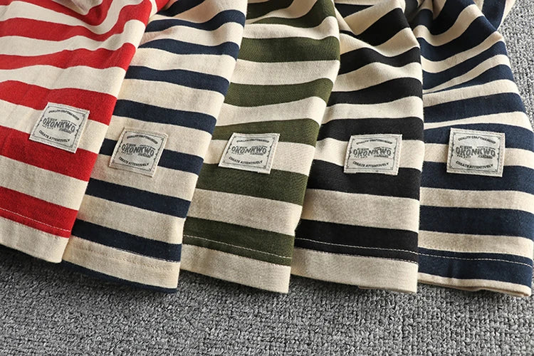Autumn New American Retro 230g Heavyweight O-neck Striped T-shirt Men's Fashion 100% Cotton Washed Casual Loose Tough GuyTops