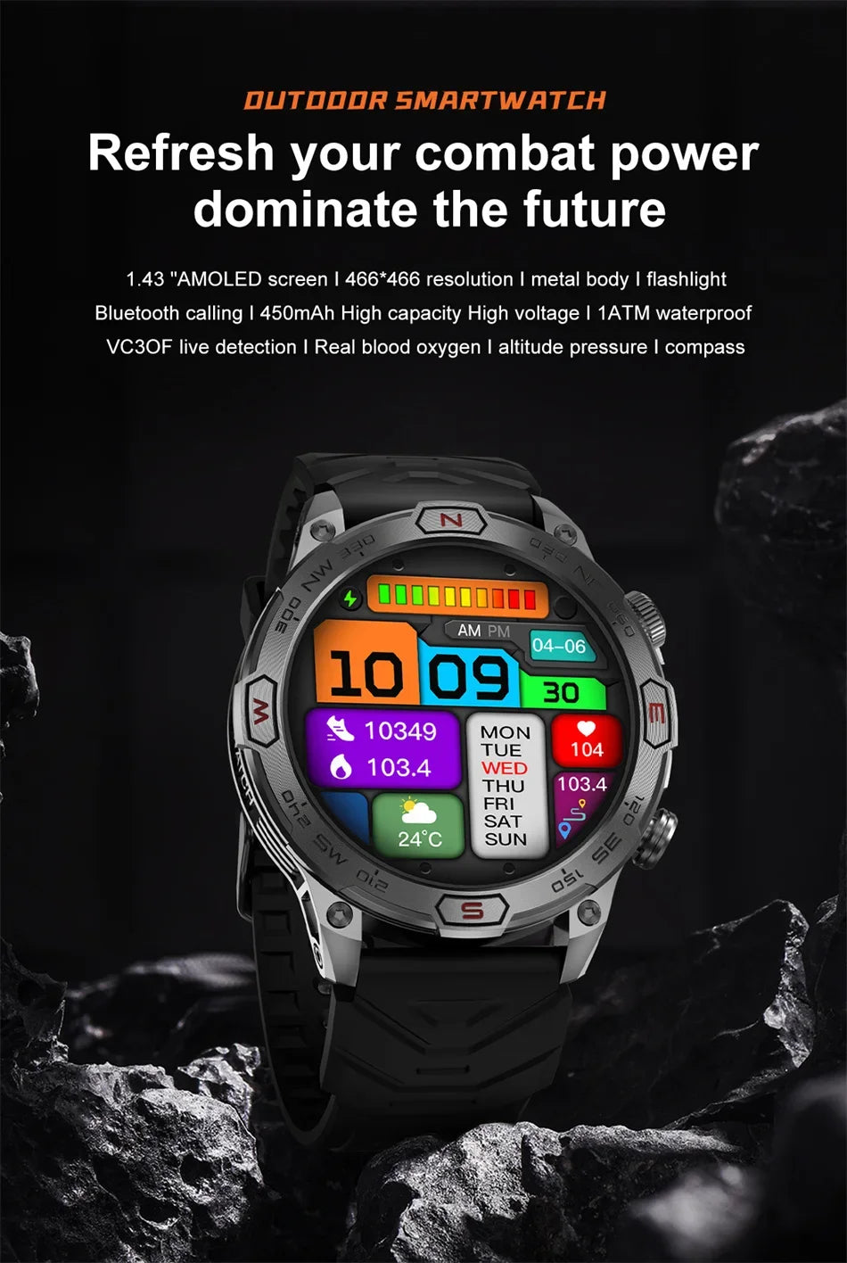 Outdoor Military Smart Watch Men Compass GPS Track Bluetooth Call IP68 Waterproof AMOLED Screen Smartwatch Compatible with Android IOS