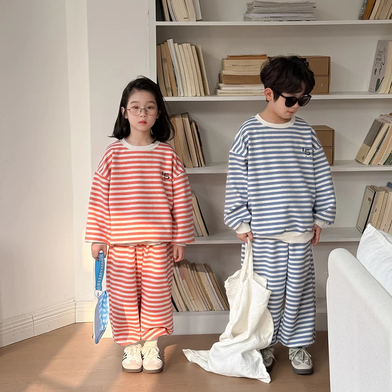 Spring Children's Clothes Boys' Tracksuit Kid's O-Neck Hoodie Set Girls' Korea Striped Letter Printed Sweatshirt 2Pcs Suit 4-6Y Unisex